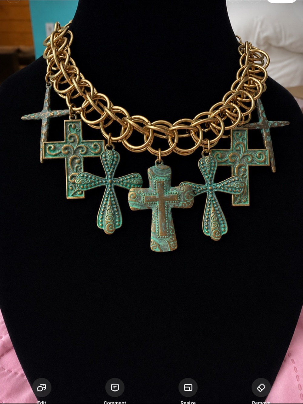 Gold-Tone Chain Necklace with Turquoise Patina Cross Charms